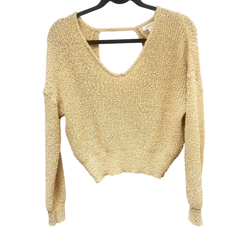 Debut Womens Tan Beige Open Knit V-Neck Crossover Back Cropped Sweater Medium